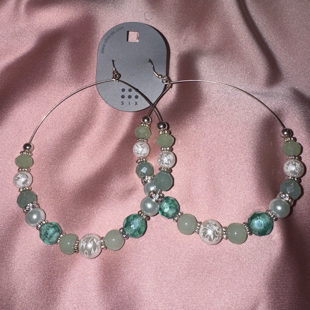 XL Green Beaded Hoop Earrings